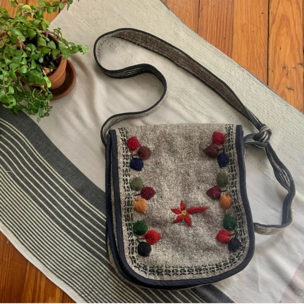 Wool Embroidered Floral Crossbody Bag Handmade Guatemala